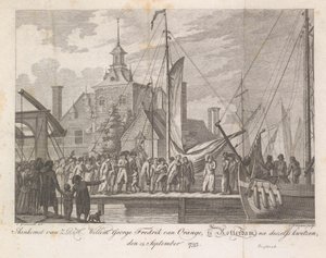 Den sårade prins Willem George Frederiks ankomst till Rotterdam, 1793 Ankomst av Z.D.H. Willem George Fredrik van Oranje, i Rotterdam, efter sina sår, 15 september 1793 (titel på objekt) av Cornelis Brouwer
