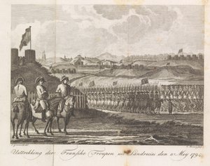 Franska trupper lämnar Landrecy, 1794 De franska truppernas tillbakadragande från Landrecies den 11 maj 1794 (titel på objekt)
