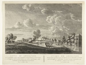 Preussiska trupper attackerar Amstelveen som försvaras av Amsterdams milismän den 1 oktober 1787 Attack på Amstelveen ... den 1 oktober 1787 (titel på objekt) Attaque sur Amstelveen ... le 1er. Oktober 1787 (titel på objekt) av Cornelis Brouwer