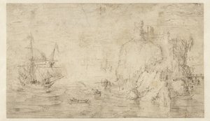 Seascape med ett skepp nära en ö av Cornelis Claesz van Wieringen (attributed to)
