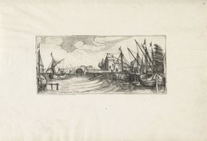 Utsikt över en hamn med sluss Landskap (serietitel) av Cornelis Claesz van Wieringen (possibly)