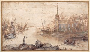 En hamnscen med sjöfart och en kyrka vid solnedgången (penna & brunt bläck med brun tvätt på papper)