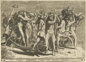 Bacchus och Venus i en vagn dragen av kentaurer av Cornelis Cort (rejected attribution)