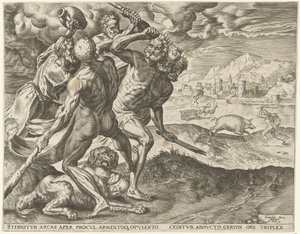 Hercules dödar Geryon och hans hund Labours of Hercules (serietitel) av Cornelis Cort