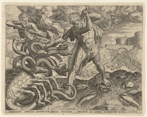 Herkules övervinner Lernas hydra Labours of Hercules (serietitel) av Cornelis Cort
