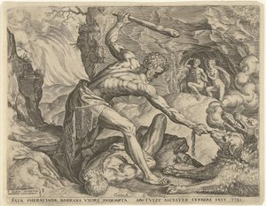Herkules drar Cerberus ut ur helvetet Labours of Hercules (serietitel) av Cornelis Cort