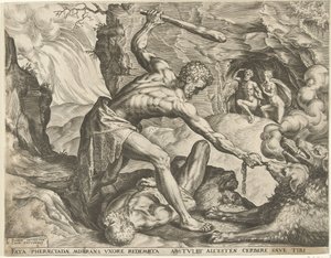 Herkules drar Cerberus ut ur helvetet Labours of Hercules (serietitel) av Cornelis Cort