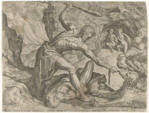 Herkules drar Cerberus ut ur helvetet Labours of Hercules (serietitel) av Cornelis Cort