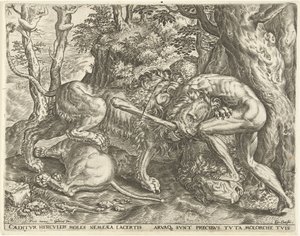 Herkules stryper det Nemeiska lejonet Labours of Hercules (serietitel) av Cornelis Cort
