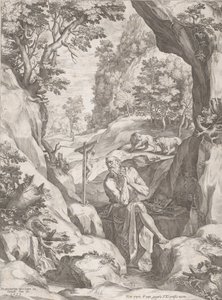 St Jerome Penitent i vildmarken, 1573. av Cornelis Cort