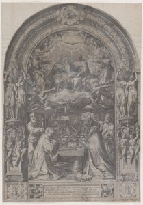 Jungfruns kröning med St Lawrence, St Paul, St Peter och St Sixtus, 1576. av Cornelis Cort