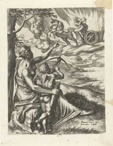 Venus beordrar Amor att genomborra Plutos hjärta med en pil The History of Pluto and Proserpina (serietitel) av Cornelis Cort