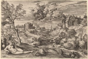 Landskap med Roger Liberating Angelica av Cornelis Cort after Titian