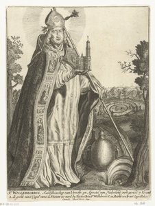 Saint Willibrord som ärkebiskop med kyrkomodell av Dom i Utrecht St. Willebrord (titel på objekt) av Cornelis Danckerts (I)