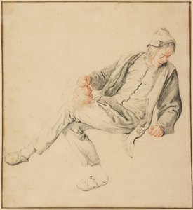 En sittande bonde tittar ner åt höger och håller i en kanna av Cornelis Dusart