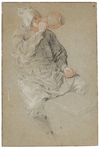 En sittande man dricker ur ett kärl i lergods och håller i en pipa (krita på papper) av Cornelis Dusart