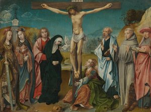 Kristus på korset, med Maria, Johannes, Maria Magdalena och de heliga Cecilia och Barbara (vänster) och Petrus, Franciskus och Hieronymus (höger)