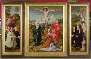 Triptyk över korsfästelsen: St. Barbara med donatorer (höger flygel); St. James the Greater med donatorer (vänster flygeln); Korsfästelsen (mitten)
