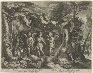 Johannes döparen åtföljs av änglar när han går ut i öknen The Life of John the Baptist (serietitel) av Cornelis Galle (I)