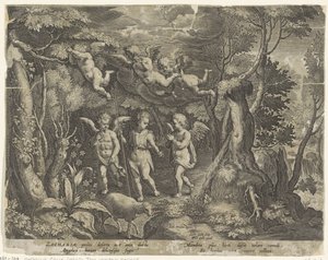 Johannes döparen åtföljs av änglar när han går ut i öknen The Life of John the Baptist (serietitel) av Cornelis Galle (I)