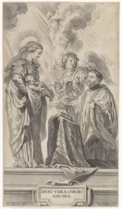 Ett okänt helgon (Ignatius av Loyola?) knäböjer framför Maria med barn av Cornelis Galle (II)