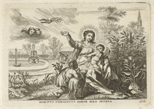 Maria träffade Kind en Johannes de Doper i de Hortus Conclusus av Cornelis Galle (II)