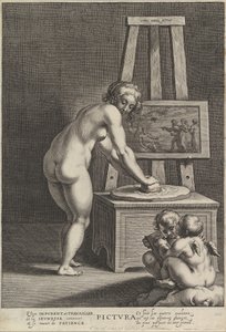 Bild: allegori över målning, med en naken kvinna i mitten som maler pigment, två p..., ca. 1610-50.