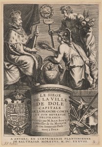 Titelsida för Jean Boyvin, Belägringen av staden Dole av Cornelis Galle I after Erasmus Quellinus II after Sir Peter Paul Rubens