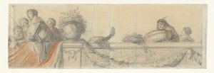 Människor på en balustrad med festonger Motiv för väggmålningar i Honselaersdijk Castle (serietitel) av Cornelis Holsteyn
