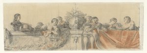 Människor på en balustrad med festonger Design för väggmålningar i Honselaersdijk Castle (serietitel) av Cornelis Holsteyn