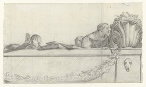 Människor på en balustrad med festonger Design för väggmålningar i Honselaersdijk Castle (serietitel) av Cornelis Holsteyn