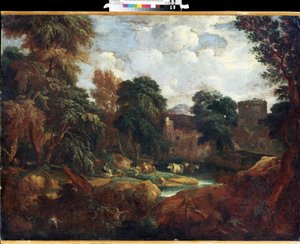 ""Dal i Flandern på sommaren med flock kor nära en flod"" Målning av Constantinus Cornelis Huysmans (1648-1727) Mikhail Kroshitsky Art Museum, Sevastopol (Sevastopol) Ukraina