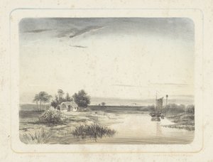 Flodlandskap med hus och segelbåt Sex landskap (serietitel) av Cornelis Jan Bolt