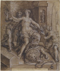 Design för den centrala delen av The Mirror of Virtue av Cornelis Ketel
