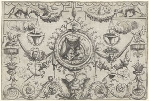 Prydnad med tre figurer på knä under ett tyg av Cornelis Massijs (attributed to)