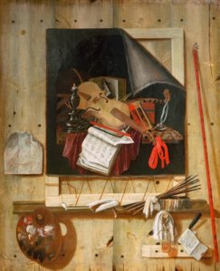 Trompel’Oeil med studiovägg och vanitas stilleben