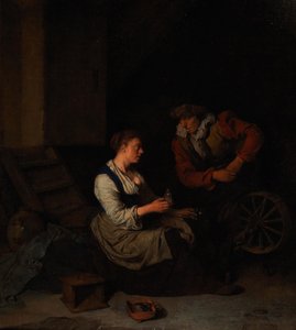 En kavaljer och en kvinna vid spinnhjulet, 1662.