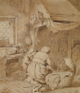 Farmhouse Parlor with Farmer, Cradle and Child, c.1654 (penna och bläck och pensla över penna på papper)