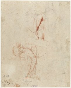 Skiss av två stående figurer och en draperistudie av Cornelis Pietersz. Bega