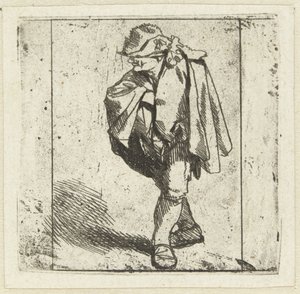 Stående man med höger hand på bröstet instoppad i kappan av Cornelis Pietersz. Bega