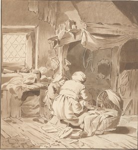 Bondgårdsinredning med två kvinnor av Cornelis Ploos van Amstel (signed by artist)