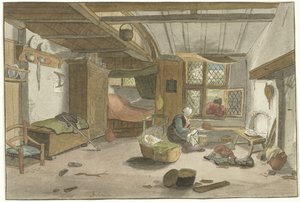 Interiör med kvinna vid spjälsängen av Cornelis Ploos van Amstel (signed by artist)
