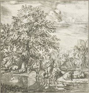 Herde och herdinna med flock vid en flod Tryckt verk (serietitel) av Cornelis Ploos van Amstel