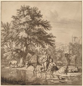 Herde och herdinna med sin flock av Cornelis Ploos van Amstel after Adriaen