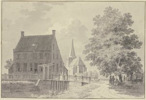Hus med vallgrav och gångbro, kyrkan i bakgrunden, till höger ett träd under vilket en vagn och flera figurer står av Cornelis Pronk