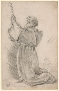 Knästående munk som håller ett krucifix av Cornelis Saftleven