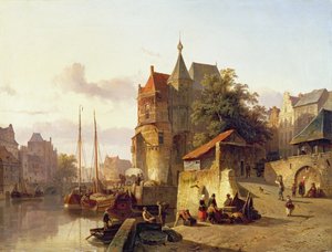 Befästa byggnader på stranden av en kanal