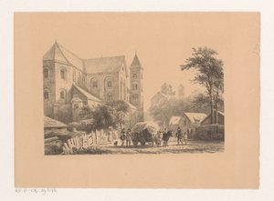 Boskap med vagn framför 1000-talskyrkan Peterskyrkan av Cornelis Springer