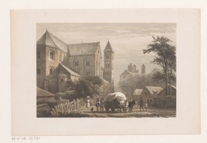 Boskap med vagn framför 1000-talskyrkan Peterskyrkan av Cornelis Springer