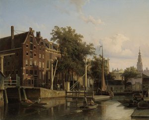 Stadsutsikt över Geldersekade vid Nieuwmarkt av Cornelis Springer